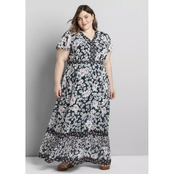 Lane Bryant Floral Flutter Sleeve Maxi Dress Babydoll Empire Waist Navy 22 NWT - Picture 1 of 10
